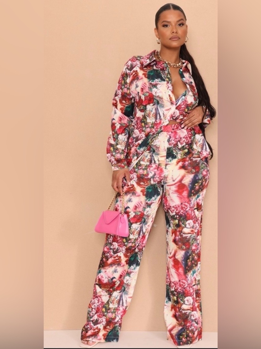 Plus Rose Femme Renaissance Print Oversized Two Piece Set